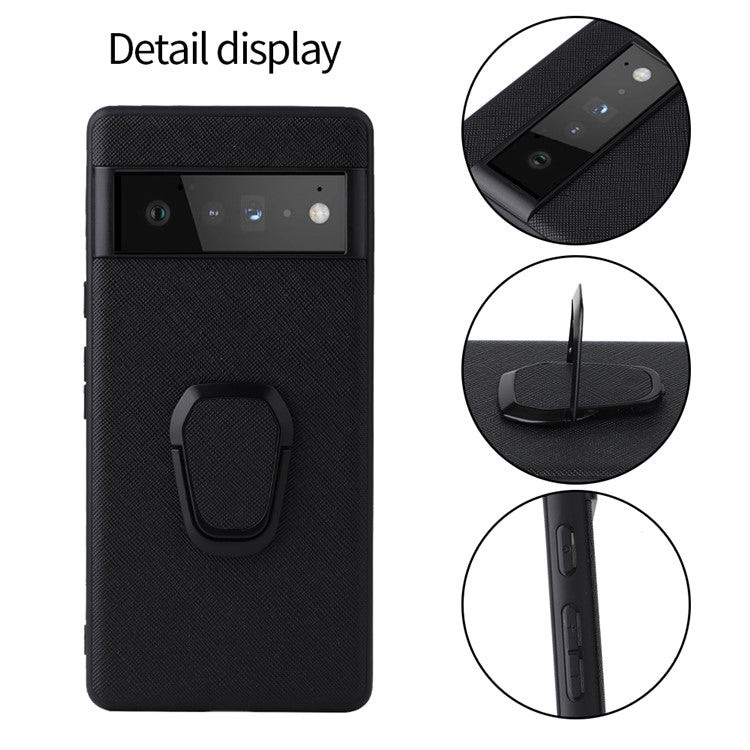 Adjustable Kickstand Design Built-in Metal Sheet PU Leather Coated TPU+PC Hybrid Cover for Google Pixel 6 Pro - Cross Texture/Black