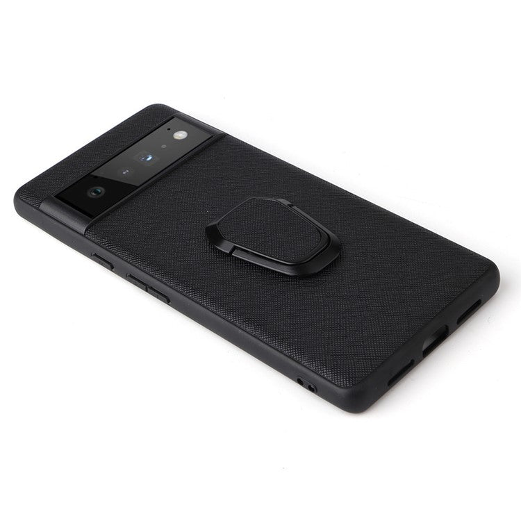 Adjustable Kickstand Design Built-in Metal Sheet PU Leather Coated TPU+PC Hybrid Cover for Google Pixel 6 Pro - Cross Texture/Black