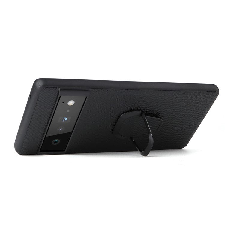 Adjustable Kickstand Design Built-in Metal Sheet PU Leather Coated TPU+PC Hybrid Cover for Google Pixel 6 Pro - Cross Texture/Black