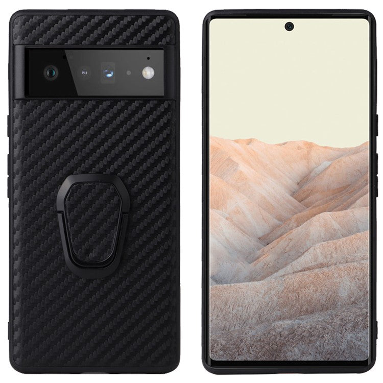 Adjustable Kickstand Design PU Leather Coated Phone Case Anti-fall Built-in Metal Sheet Cover for Google Pixel 6 - Carbon Fiber Texture/Black