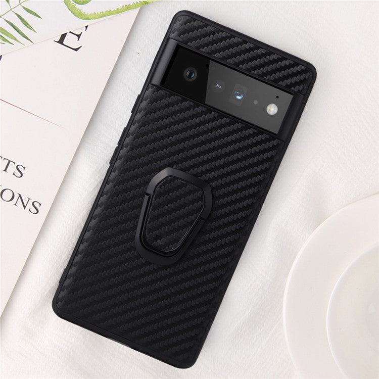 Adjustable Kickstand Design PU Leather Coated Phone Case Anti-fall Built-in Metal Sheet Cover for Google Pixel 6 - Carbon Fiber Texture/Black