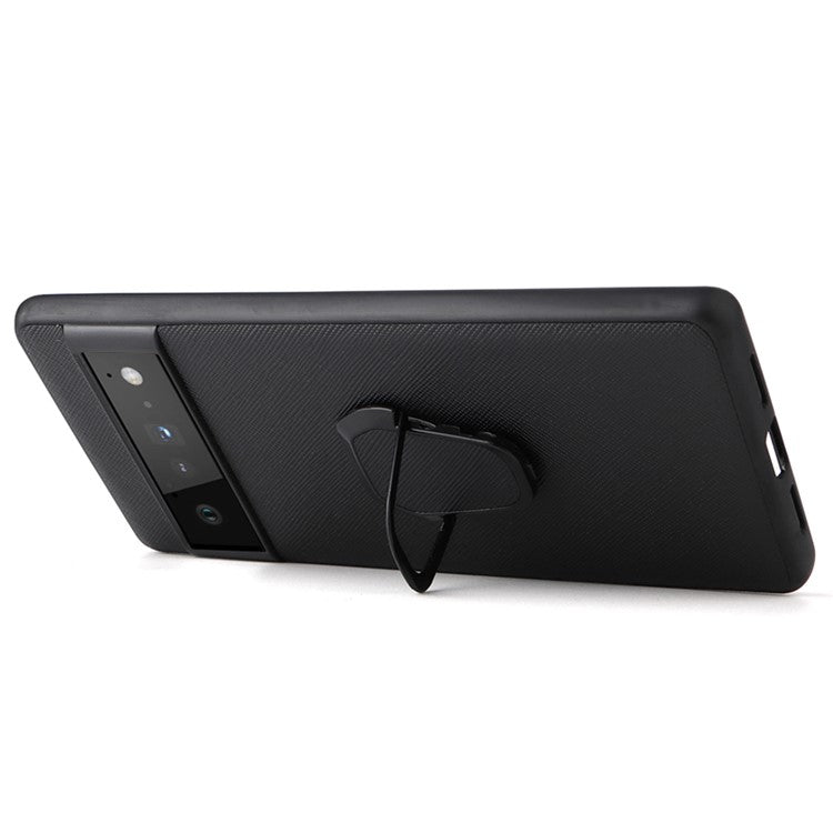 Adjustable Kickstand Design PU Leather Coated Phone Case Anti-fall Built-in Metal Sheet Cover for Google Pixel 6 - Carbon Fiber Texture/Black