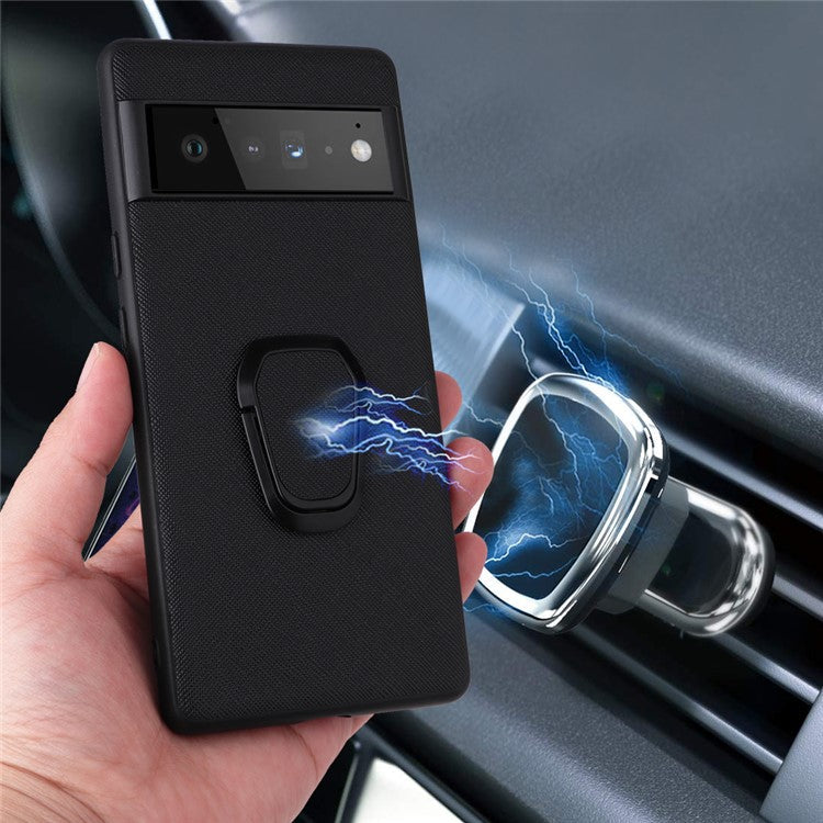 Adjustable Kickstand Design PU Leather Coated Phone Case Anti-fall Built-in Metal Sheet Cover for Google Pixel 6 - Carbon Fiber Texture/Black