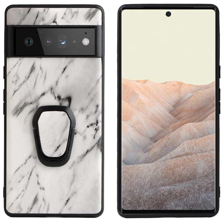 Adjustable Kickstand Design PU Leather Coated Phone Case Anti-fall Built-in Metal Sheet Cover for Google Pixel 6 - Marble Pattern/Grey