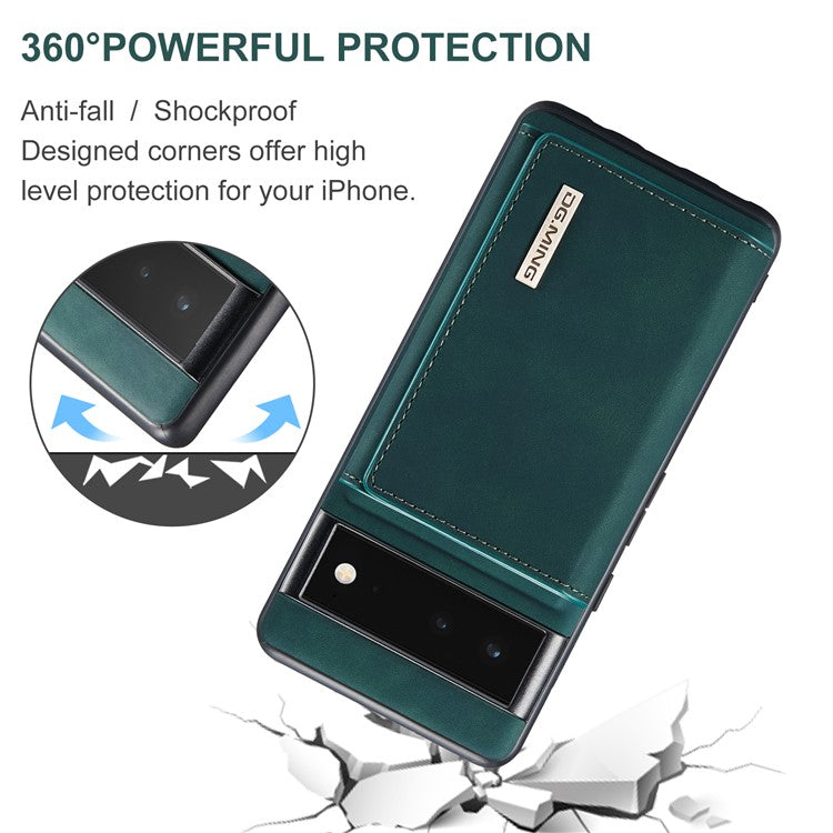 DG.MING M1 Series Detachable 2-in-1 Design Magnetic Absorption Wallet + PU Leather Coated Phone Case Cover with Kickstand for Google Pixel 6 Pro - Green