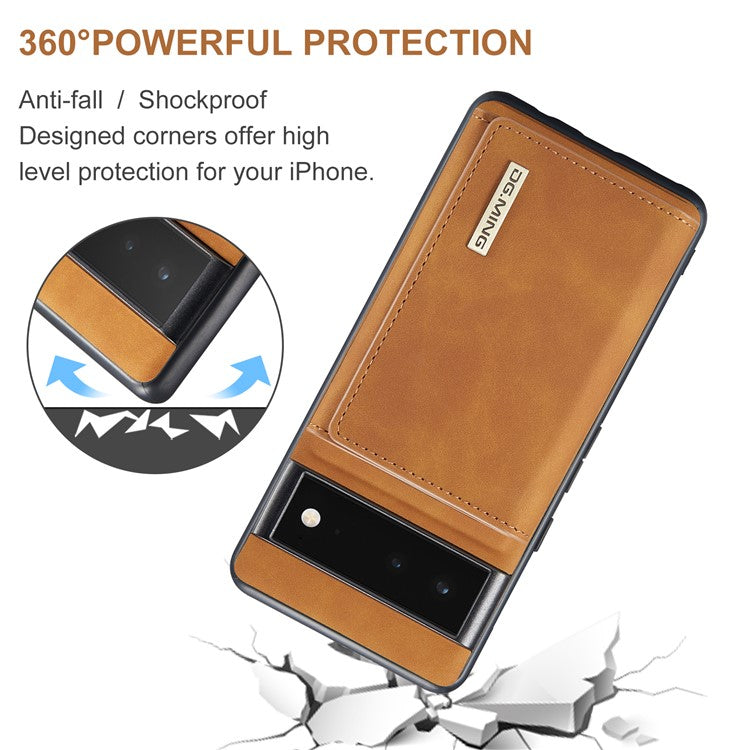 DG.MING M1 Series Detachable 2-in-1 Design Magnetic Absorption Wallet + PU Leather Coated Phone Case Cover with Kickstand for Google Pixel 6 Pro - Brown