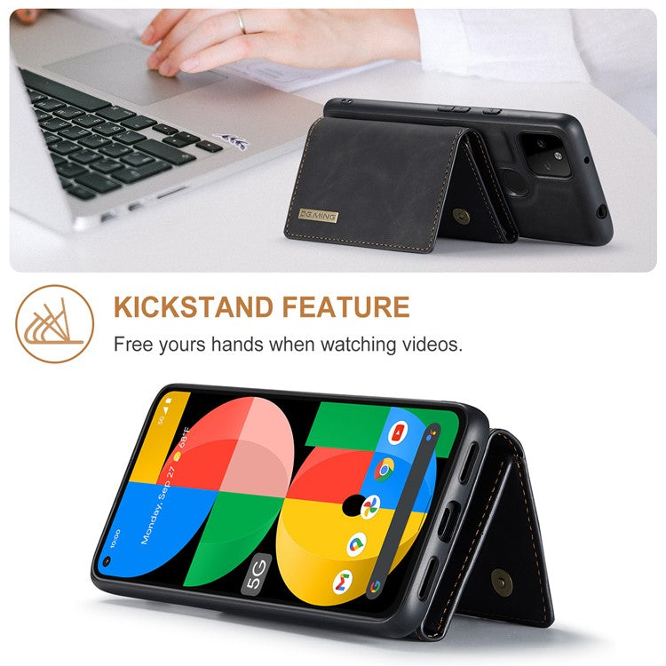 DG.MING M1 Series Detachable Magnetic Absorption Wallet + Well-protected PU Leather Coated Phone Case Shell with Kickstand for Google Pixel 5a 5G - Black