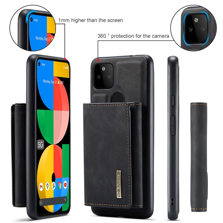 DG.MING M1 Series Detachable Magnetic Absorption Wallet + Well-protected PU Leather Coated Phone Case Shell with Kickstand for Google Pixel 5a 5G - Black