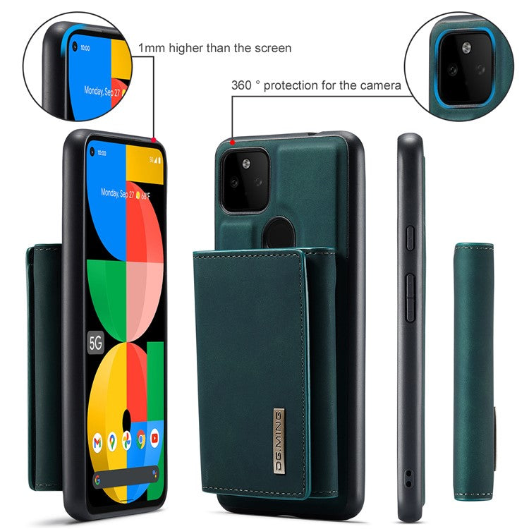 DG.MING M1 Series Detachable Magnetic Absorption Wallet + Well-protected PU Leather Coated Phone Case Shell with Kickstand for Google Pixel 5a 5G - Green