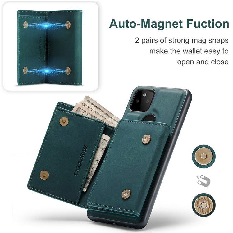 DG.MING M1 Series Detachable Magnetic Absorption Wallet + Well-protected PU Leather Coated Phone Case Shell with Kickstand for Google Pixel 5a 5G - Green