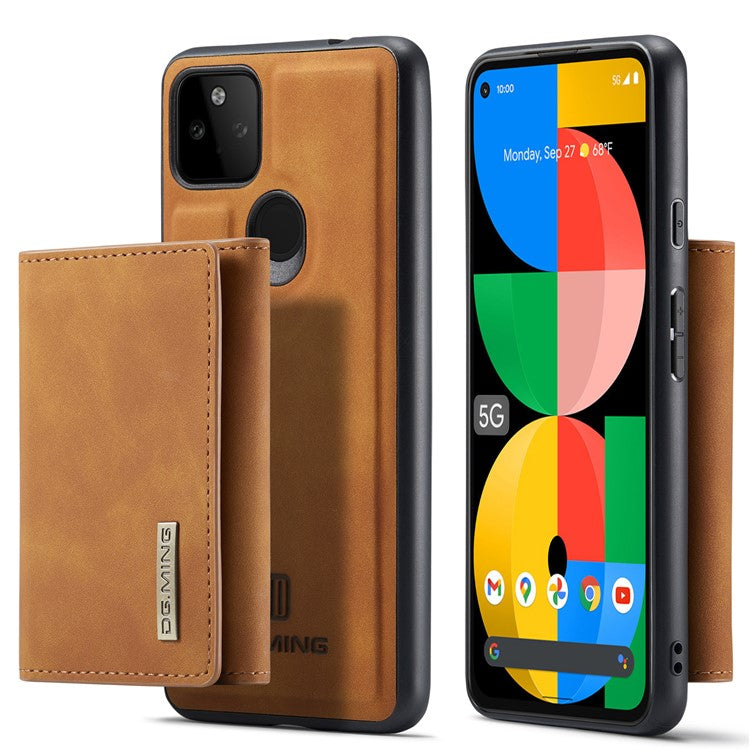 DG.MING M1 Series Detachable Magnetic Absorption Wallet + Well-protected PU Leather Coated Phone Case Shell with Kickstand for Google Pixel 5a 5G - Brown