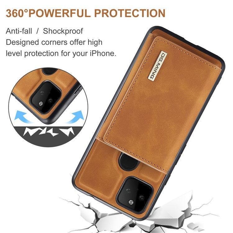 DG.MING M1 Series Detachable Magnetic Absorption Wallet + Well-protected PU Leather Coated Phone Case Shell with Kickstand for Google Pixel 5a 5G - Brown