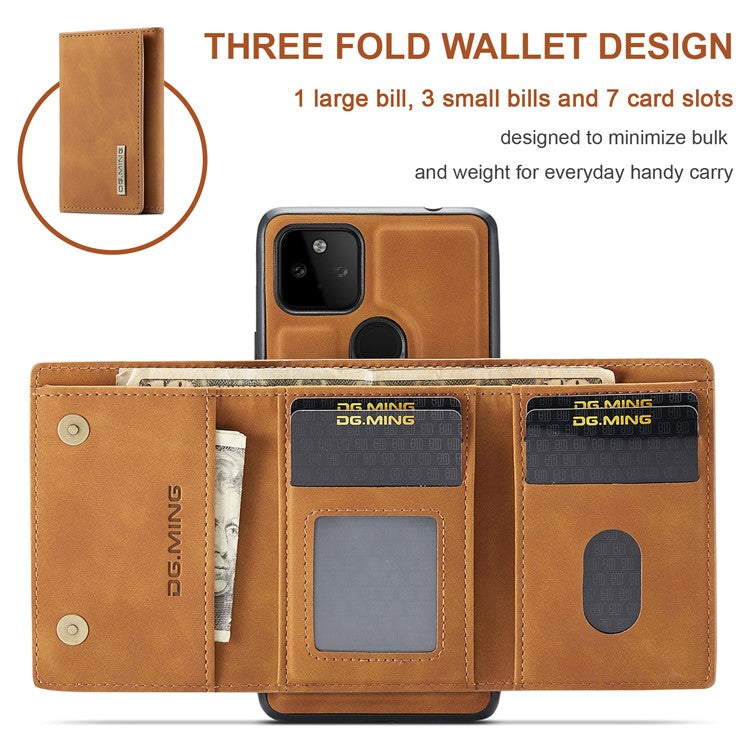 DG.MING M1 Series Detachable Magnetic Absorption Wallet + Well-protected PU Leather Coated Phone Case Shell with Kickstand for Google Pixel 5a 5G - Brown