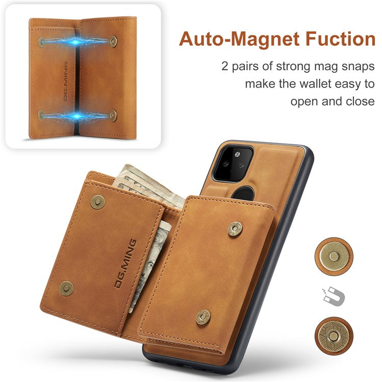 DG.MING M1 Series Detachable Magnetic Absorption Wallet + Well-protected PU Leather Coated Phone Case Shell with Kickstand for Google Pixel 5a 5G - Brown