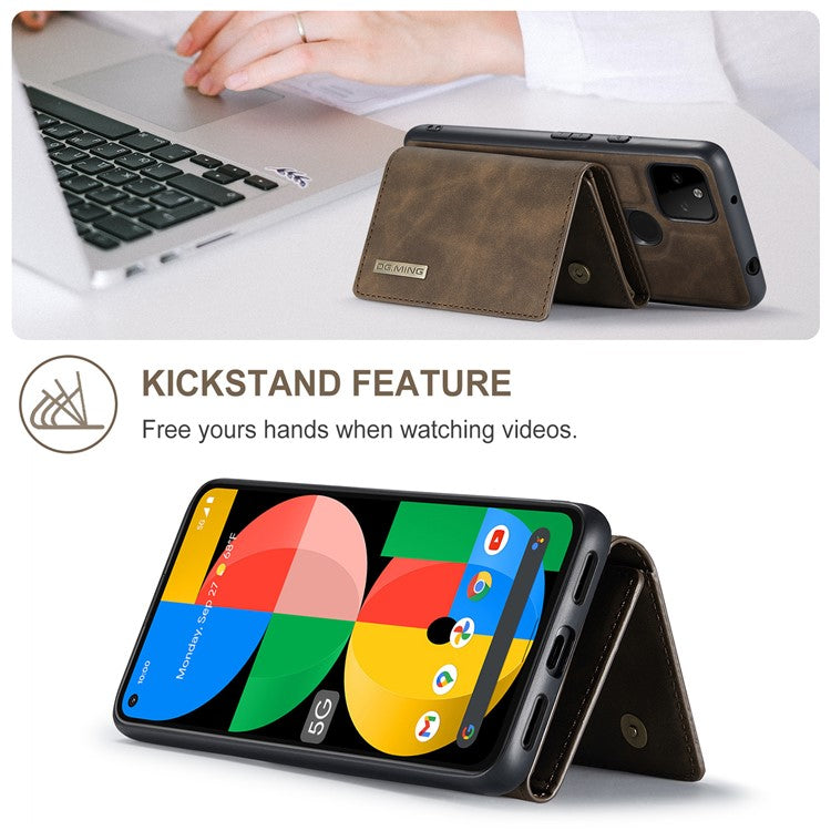 DG.MING M1 Series Detachable Magnetic Absorption Wallet + Well-protected PU Leather Coated Phone Case Shell with Kickstand for Google Pixel 5a 5G - Coffee
