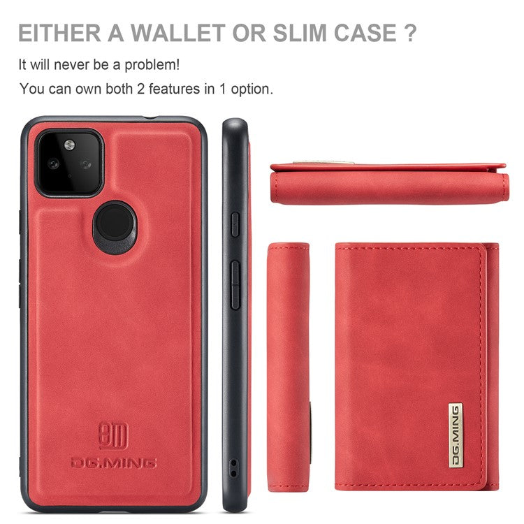 DG.MING M1 Series Detachable Magnetic Absorption Wallet + Well-protected PU Leather Coated Phone Case Shell with Kickstand for Google Pixel 5a 5G - Red