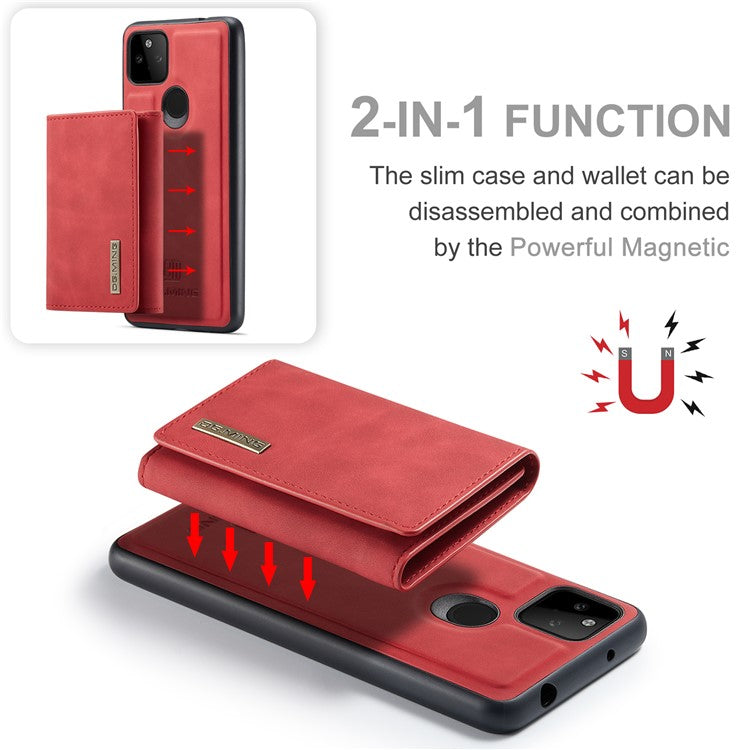 DG.MING M1 Series Detachable Magnetic Absorption Wallet + Well-protected PU Leather Coated Phone Case Shell with Kickstand for Google Pixel 5a 5G - Red
