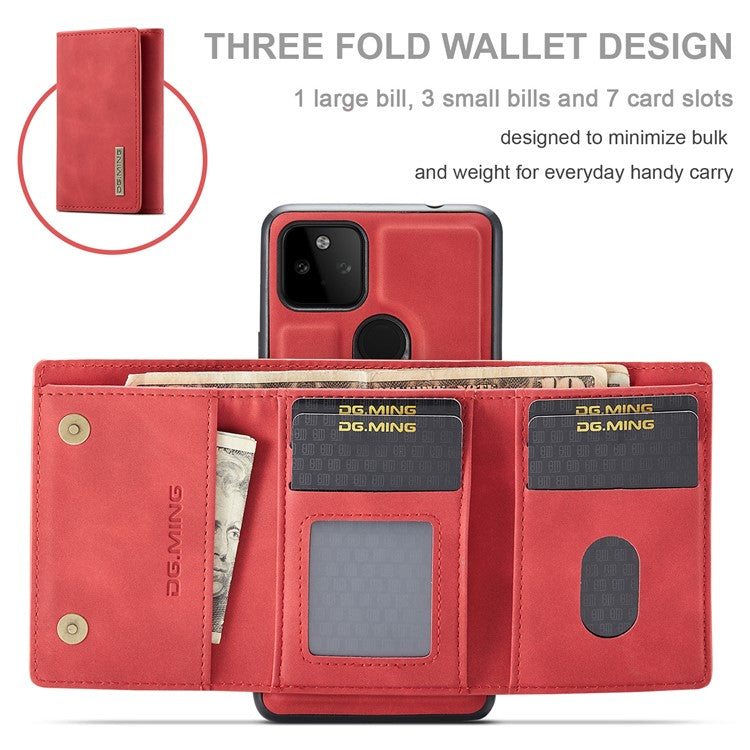 DG.MING M1 Series Detachable Magnetic Absorption Wallet + Well-protected PU Leather Coated Phone Case Shell with Kickstand for Google Pixel 5a 5G - Red