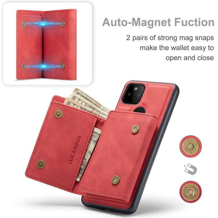 DG.MING M1 Series Detachable Magnetic Absorption Wallet + Well-protected PU Leather Coated Phone Case Shell with Kickstand for Google Pixel 5a 5G - Red