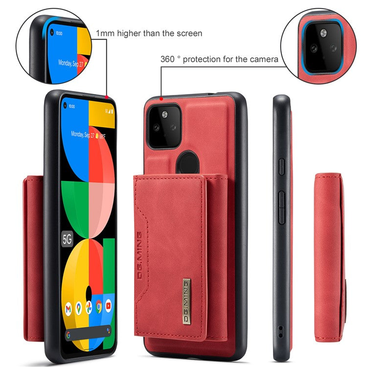 DG.MING M2 Series Front Card Slot Design Anti-Drop Magnetic Wallet Design Hybrid Case with Kickstand for Google Pixel 5a 5G - Red