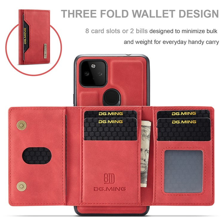 DG.MING M2 Series Front Card Slot Design Anti-Drop Magnetic Wallet Design Hybrid Case with Kickstand for Google Pixel 5a 5G - Red