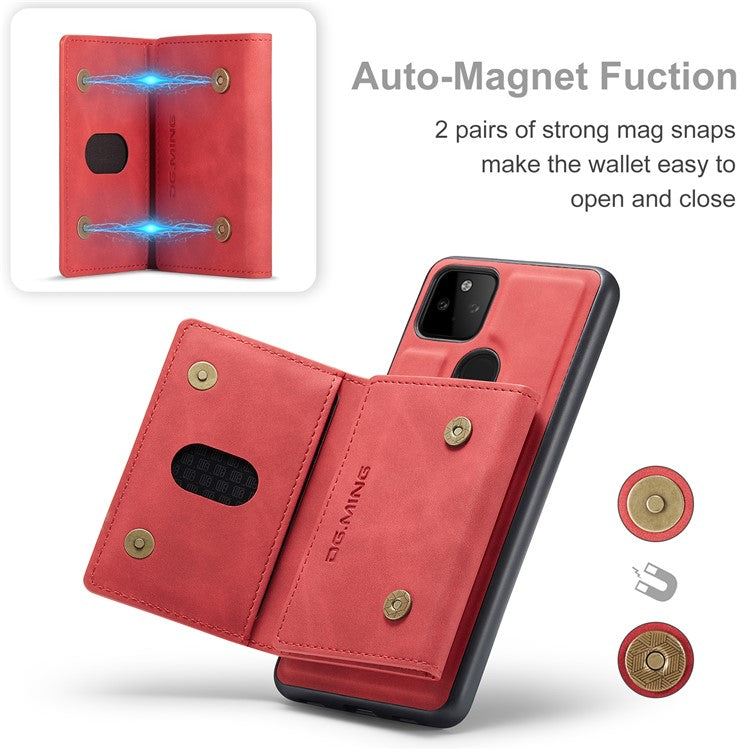 DG.MING M2 Series Front Card Slot Design Anti-Drop Magnetic Wallet Design Hybrid Case with Kickstand for Google Pixel 5a 5G - Red