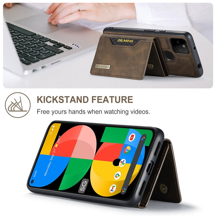 DG.MING M2 Series Front Card Slot Design Anti-Drop Magnetic Wallet Design Hybrid Case with Kickstand for Google Pixel 5a 5G - Coffee