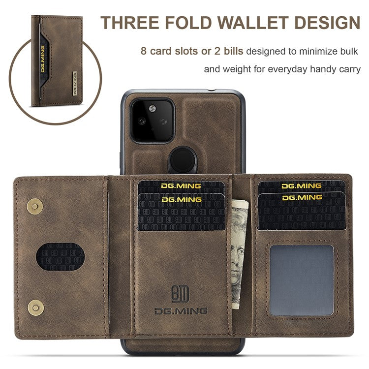 DG.MING M2 Series Front Card Slot Design Anti-Drop Magnetic Wallet Design Hybrid Case with Kickstand for Google Pixel 5a 5G - Coffee