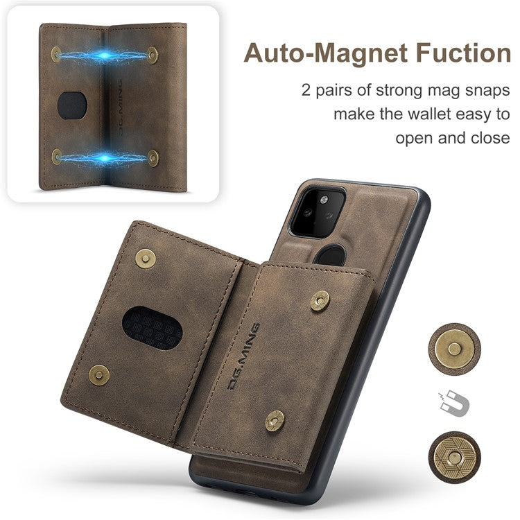 DG.MING M2 Series Front Card Slot Design Anti-Drop Magnetic Wallet Design Hybrid Case with Kickstand for Google Pixel 5a 5G - Coffee