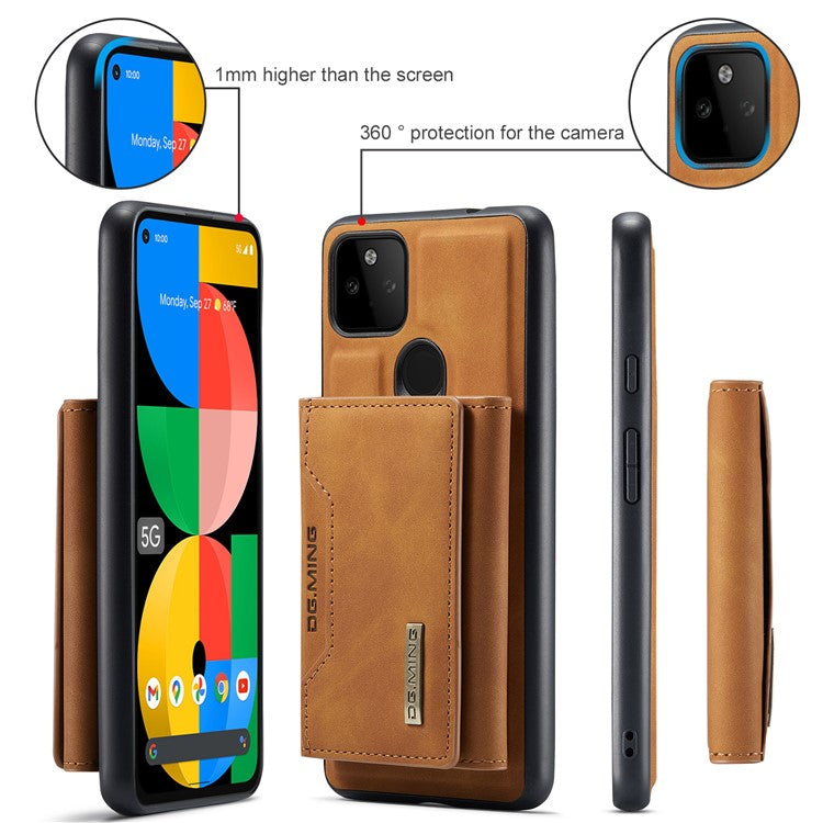 DG.MING M2 Series Front Card Slot Design Anti-Drop Magnetic Wallet Design Hybrid Case with Kickstand for Google Pixel 5a 5G - Brown