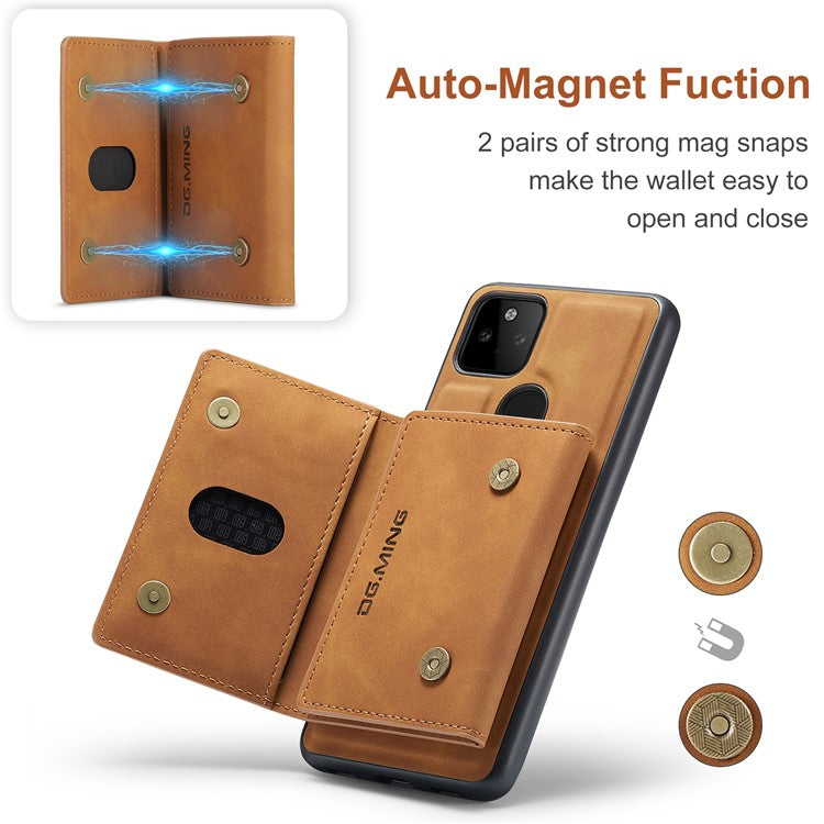 DG.MING M2 Series Front Card Slot Design Anti-Drop Magnetic Wallet Design Hybrid Case with Kickstand for Google Pixel 5a 5G - Brown
