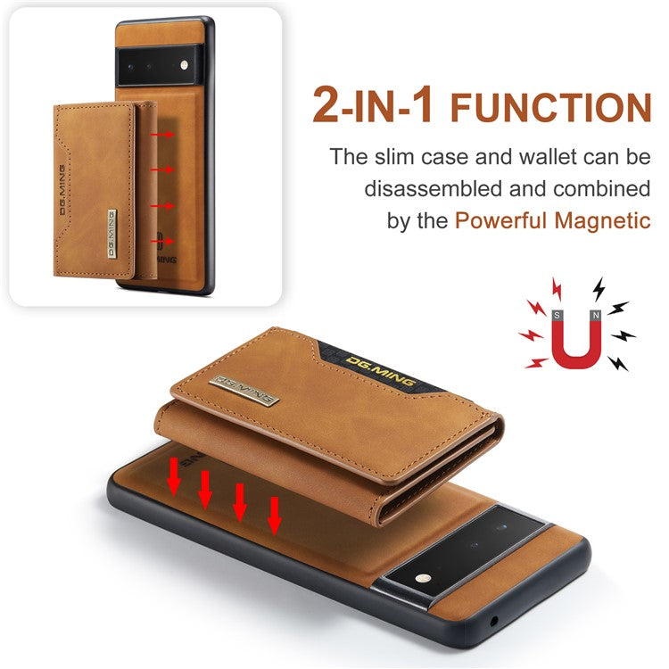 DG.MING M2 Series Shockproof Anti-scratch Magnetic Wallet Design Hybrid Case with Kickstand for Google Pixel 6 Pro - Brown