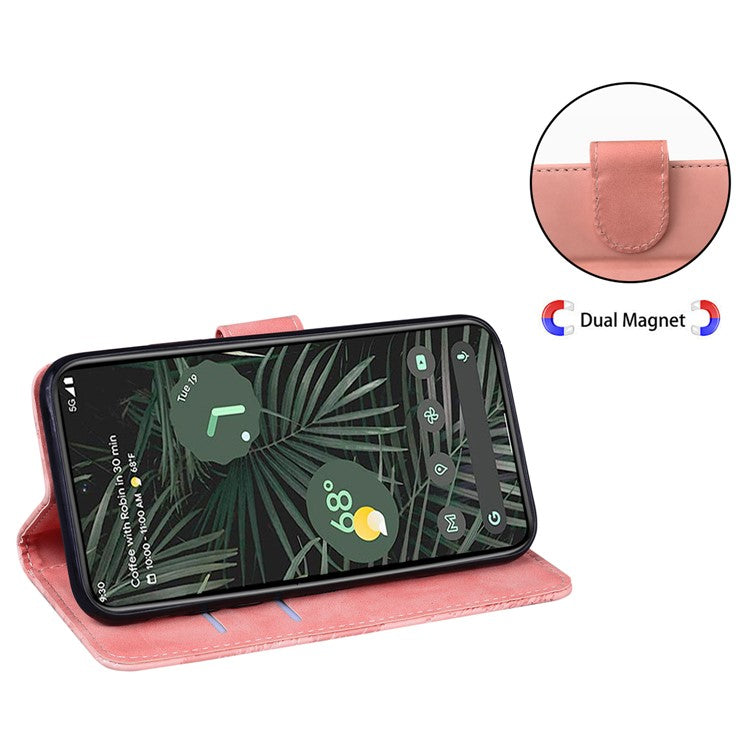 Magnetic Closure Skin Touch Feeling Phone Case Anti-scratch Butterfly Printing Stand Wallet Leather Phone Cover for Google Pixel 6a - Pink