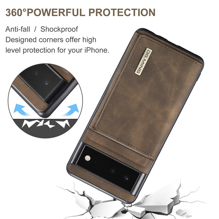DG.MING M1 Series Multi-functional Magnetic Absorption Wallet + Anti-drop PU Leather Coated Phone Case with Kickstand for Google Pixel 6 - Coffee