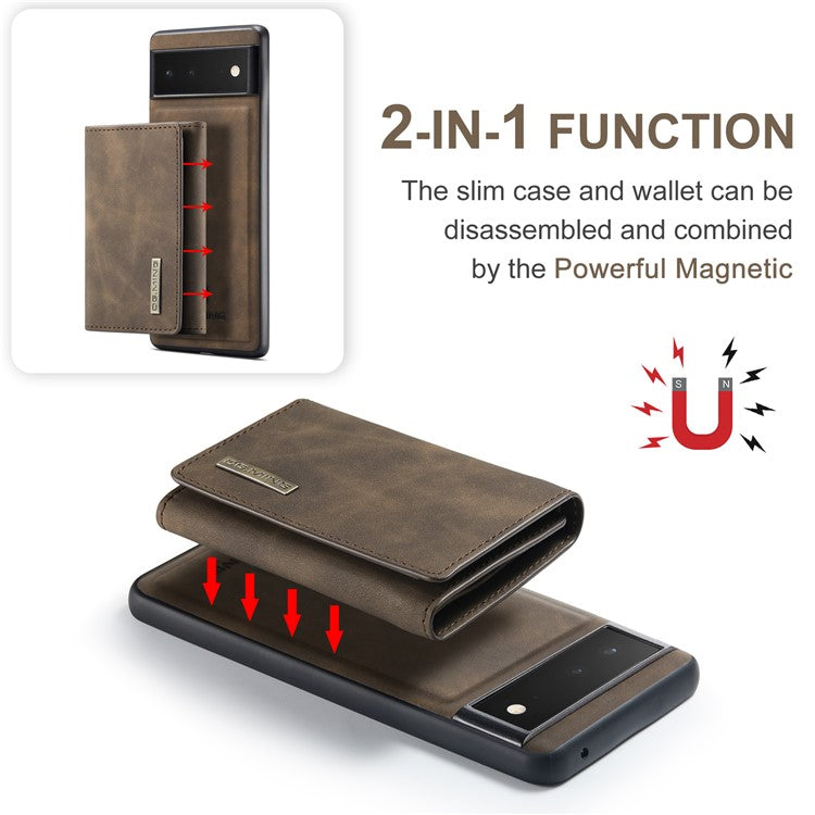 DG.MING M1 Series Multi-functional Magnetic Absorption Wallet + Anti-drop PU Leather Coated Phone Case with Kickstand for Google Pixel 6 - Coffee