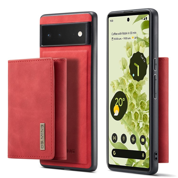 DG.MING M1 Series Multi-functional Magnetic Absorption Wallet + Anti-drop PU Leather Coated Phone Case with Kickstand for Google Pixel 6 - Red