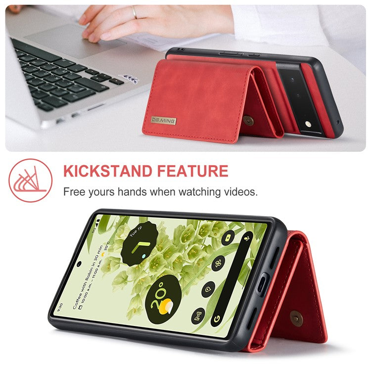 DG.MING M1 Series Multi-functional Magnetic Absorption Wallet + Anti-drop PU Leather Coated Phone Case with Kickstand for Google Pixel 6 - Red