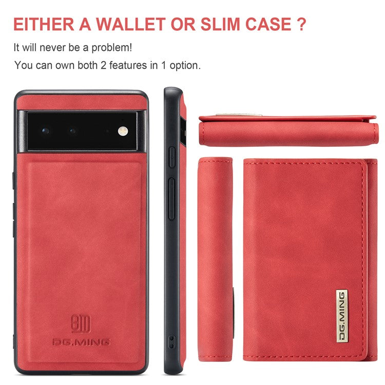 DG.MING M1 Series Multi-functional Magnetic Absorption Wallet + Anti-drop PU Leather Coated Phone Case with Kickstand for Google Pixel 6 - Red