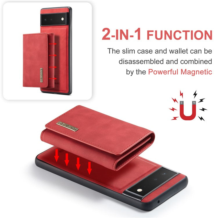 DG.MING M1 Series Multi-functional Magnetic Absorption Wallet + Anti-drop PU Leather Coated Phone Case with Kickstand for Google Pixel 6 - Red
