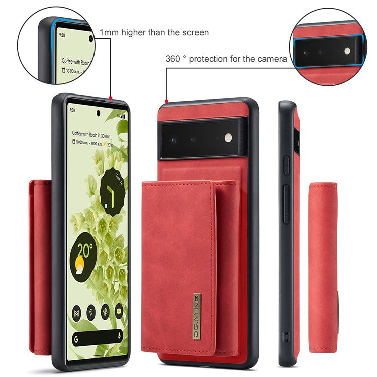 DG.MING M1 Series Multi-functional Magnetic Absorption Wallet + Anti-drop PU Leather Coated Phone Case with Kickstand for Google Pixel 6 - Red