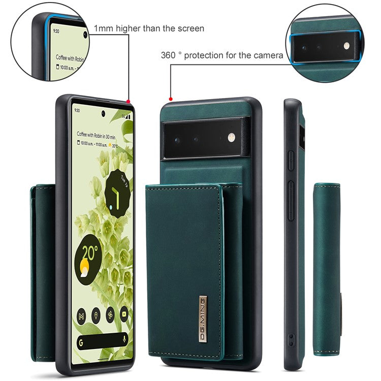 DG.MING M1 Series Multi-functional Magnetic Absorption Wallet + Anti-drop PU Leather Coated Phone Case with Kickstand for Google Pixel 6 - Green