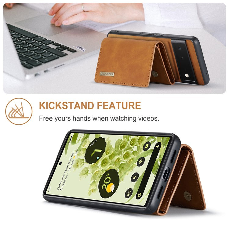 DG.MING M1 Series Multi-functional Magnetic Absorption Wallet + Anti-drop PU Leather Coated Phone Case with Kickstand for Google Pixel 6 - Brown