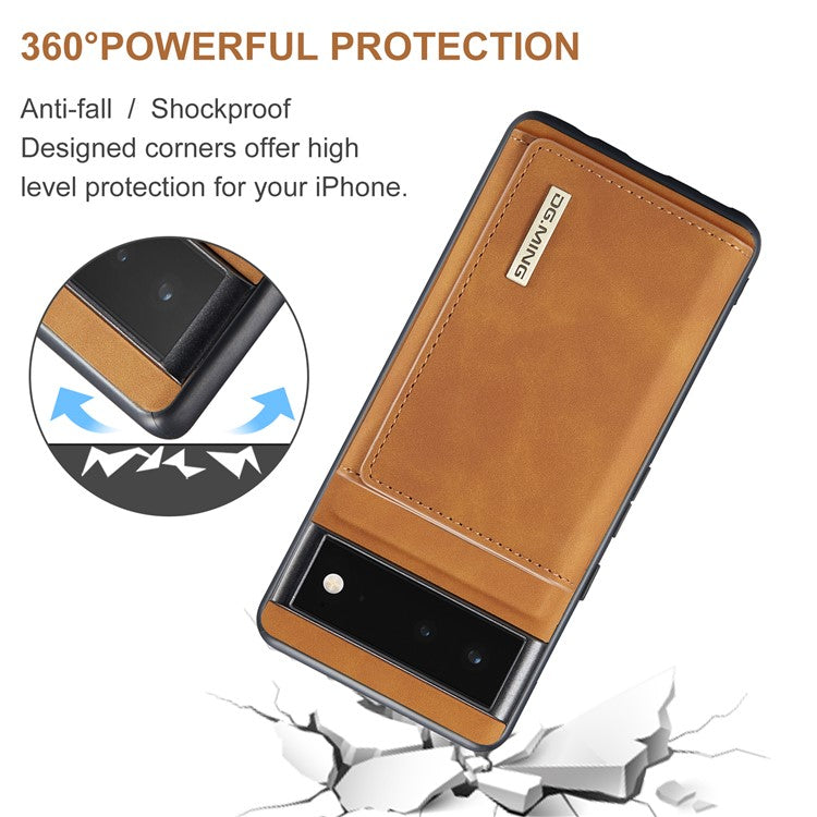 DG.MING M1 Series Multi-functional Magnetic Absorption Wallet + Anti-drop PU Leather Coated Phone Case with Kickstand for Google Pixel 6 - Brown