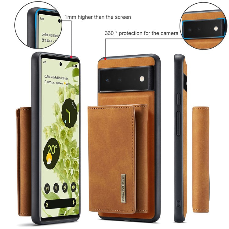 DG.MING M1 Series Multi-functional Magnetic Absorption Wallet + Anti-drop PU Leather Coated Phone Case with Kickstand for Google Pixel 6 - Brown