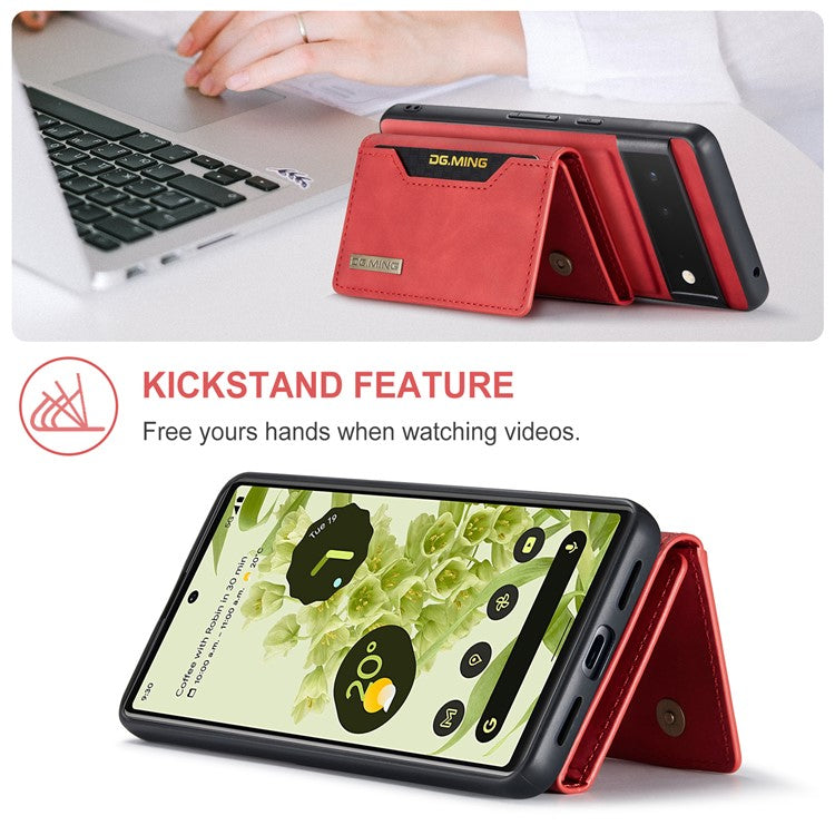 DG.MING M2 Series Multi Card Slots Anti-fall Magnetic Wallet Design Hybrid Case with Kickstand for Google Pixel 6 - Red