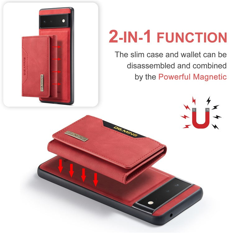 DG.MING M2 Series Multi Card Slots Anti-fall Magnetic Wallet Design Hybrid Case with Kickstand for Google Pixel 6 - Red