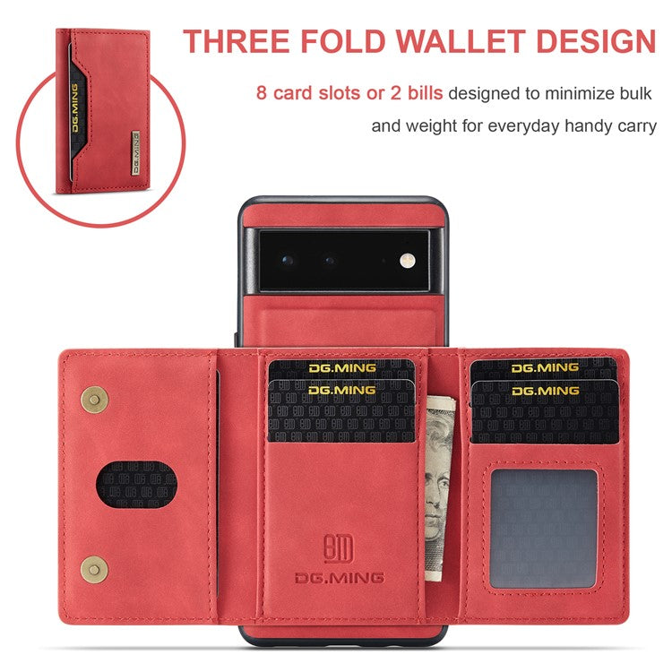 DG.MING M2 Series Multi Card Slots Anti-fall Magnetic Wallet Design Hybrid Case with Kickstand for Google Pixel 6 - Red