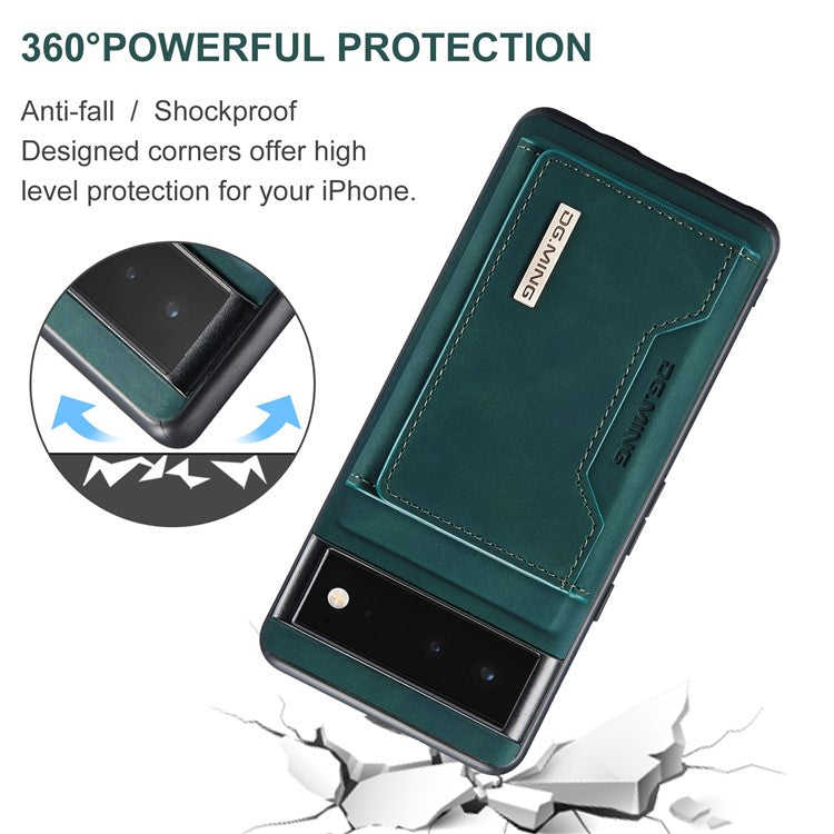 DG.MING M2 Series Multi Card Slots Anti-fall Magnetic Wallet Design Hybrid Case with Kickstand for Google Pixel 6 - Green