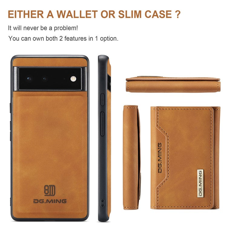 DG.MING M2 Series Multi Card Slots Anti-fall Magnetic Wallet Design Hybrid Case with Kickstand for Google Pixel 6 - Brown