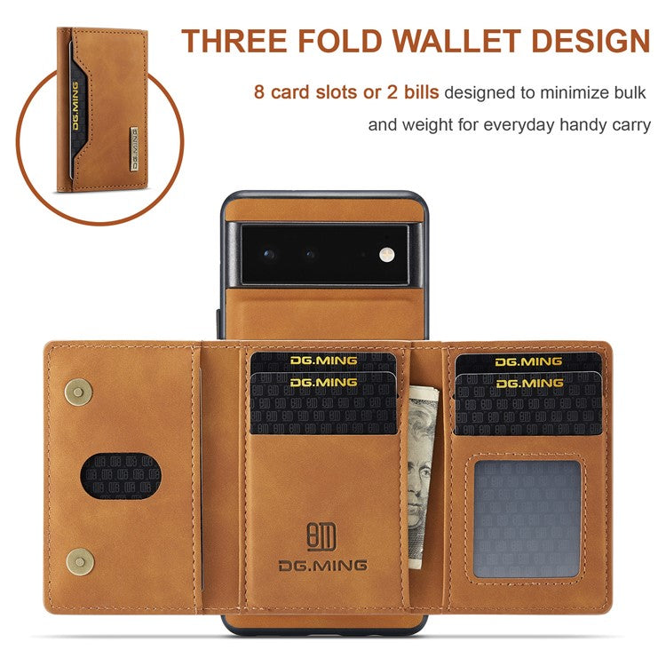 DG.MING M2 Series Multi Card Slots Anti-fall Magnetic Wallet Design Hybrid Case with Kickstand for Google Pixel 6 - Brown